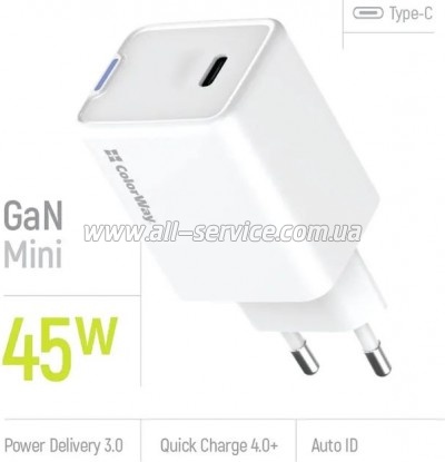 �������� ������� ColorWay GaN Mini 45W PD white (CW-CHS057PD-WT)