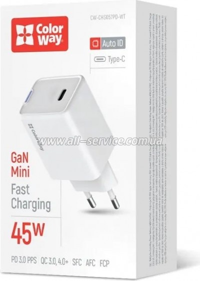 �������� ������� ColorWay GaN Mini 45W PD white (CW-CHS057PD-WT)