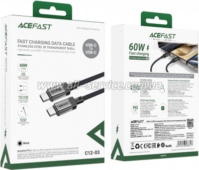 ���� ������ USB-C to USB-C 1.2m 60W stainless steel C12-03 Black Acefast (6974316283317)