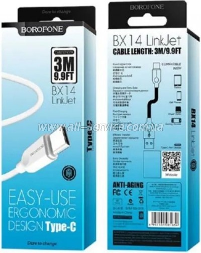 ���� ������ USB 2.0 AM to USB-C 3.0m 2.4A BX14 white BOROFONE (6957531090397)