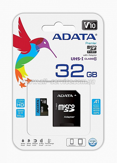   32GB ADATA microSDHC C10 UHS-I A1 + SD  (AUSDH32GUICL10A1-RA1)