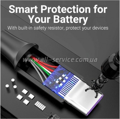 ���� ������ USB 2.0 AM to USB-C 0.5m 5.0A 25W PVC black Vention (CORBD)