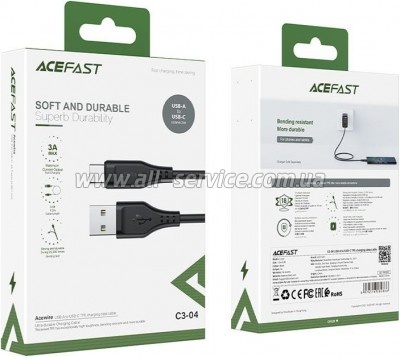 ���� ������ USB 2.0 AM to USB-C 1.2m 3.0A TPE Black Acefast (6974316280866)