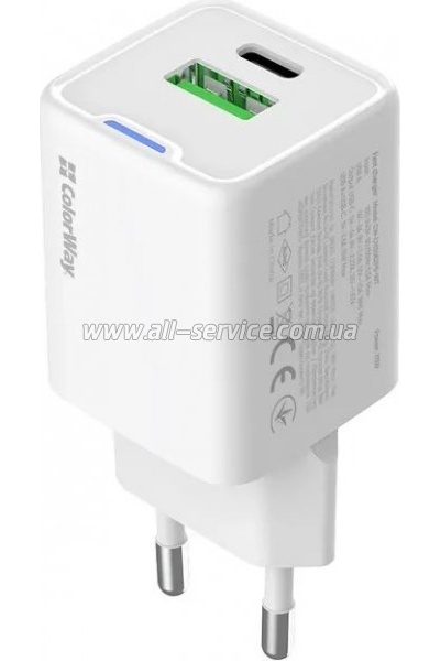 �������� ������� ColorWay USB-C PD20W + 1xUSB QC4.0 white (CW-CHS062PD-WT)