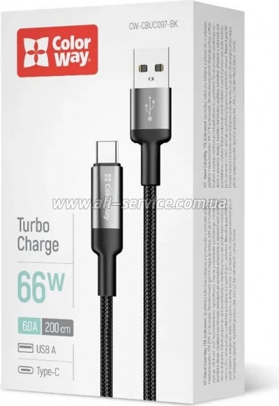 ���� ������ USB 2.0 AM to USB-C 2.0m 6A braided wire black ColorWay (CW-CBUC097-BK)