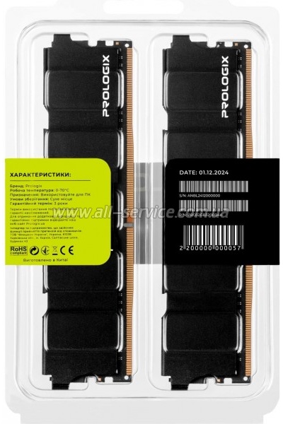 ������ ������ ��� ���������� DDR4 32GB (2x16GB) 3200 MHz Black Prologix (PRO32GB3200B4K)