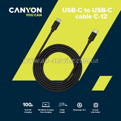 ���� ������ USB-C to USB-C 2.0m 100W 20V/ 5A black Canyon (CNS-USBC12B)