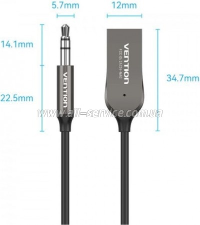 FM  Vention AUX TRS 3.5 USB Bluetooth 5.0 Coiled Cable 1.5M Gray Zinc (NAGHG)