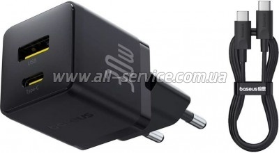 �������� ������� Baseus 1xUSB-C 30W + 1xUSB + cable USB-C to USB-C 60W 1.0m (P1011160A113-01)
