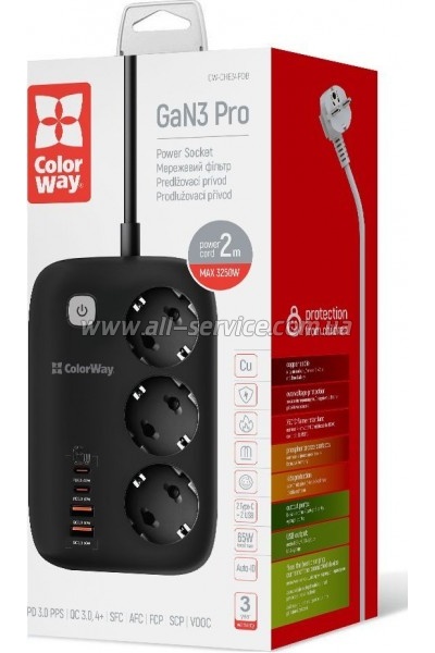 ������� ������ ������� ColorWay CW-CHE34PDB 3 ���/ 4USB GaN3 Pro (CW-CHE34PDB)