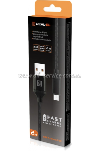 ���� ������ USB 2.0 AM to Micro 5P 2.0m Fabric Premium black REAL-EL (EL123500048)