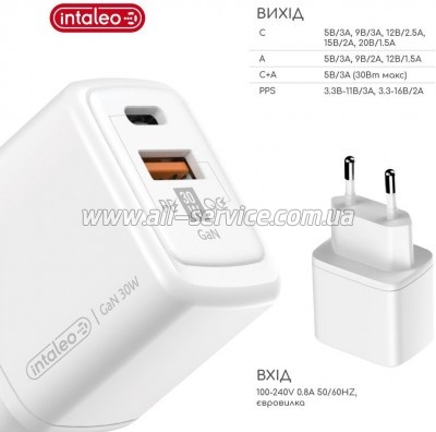 �������� ������� Intaleo 30W GAN USB-C PD+USB-A QC 3.0 white (1283126578274)