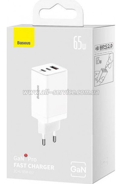 �������� ������� Baseus 2xUSB-C 65W + 1xUSB GaN + cable USB-C to USB-C 100W 1.0m white (CCGP120202)