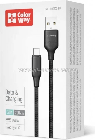 ���� ������ USB 2.0 AM to USB-C 2.0m 3A TPE embossed black ColorWay (CW-CBUC102-BK)