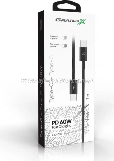 ���� ������ USB-C to USB-C 1.0m 60W CC-07B Black Grand-X (CC-07B)