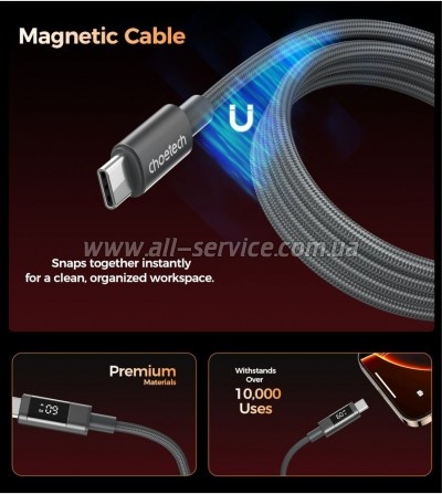 ���� ������ USB-C to USB-C 1.2m PD60W magnetic digital display nylon gray Choetech (XCC-1067-GY)