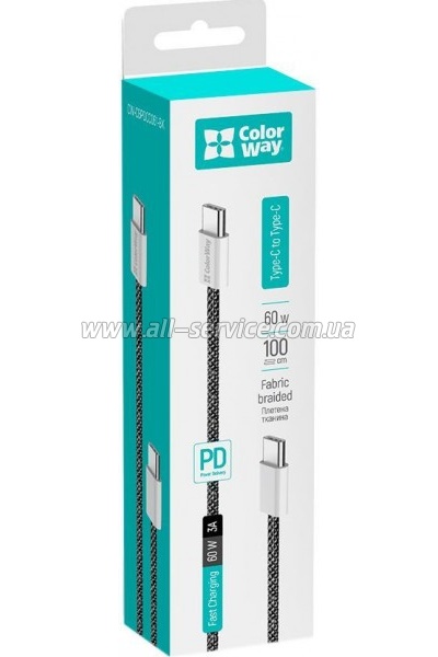 ���� ������ ColorWay USB-C to USB-C 1.0m 60W 3.0� black (CW-CBPDCC061-BK)