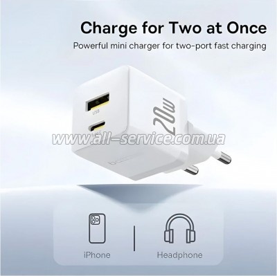 �������� ������� Baseus 1xUSB-C 20W + 1xUSB white + cable USB-C to USB-C 60W 1.0m (P10111608213-01)