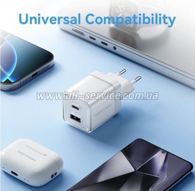 �������� ������� Vention 1xUSB-C PD70W + 1xUSB QC3.0 22.5W GaN transparent gray (FCGH0-EU)