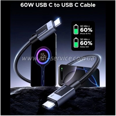 ���� ������ USB-C to USB-C 3.0m PD60W 3A braided L524 gray Ugreen (55776)