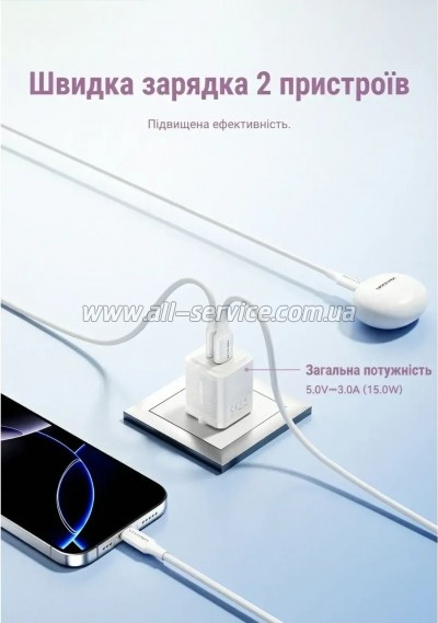 �������� ������� Vention 1xUSB-C PD30W + 1xUSB QC3.0 30W GaN white (FEQW0-EU)