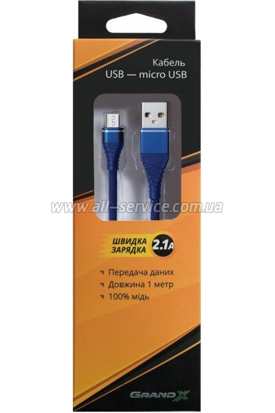 ���� ������ USB 2.0 AM to Micro 5P 1.2m 2A Blue Grand-X (NM012BL)