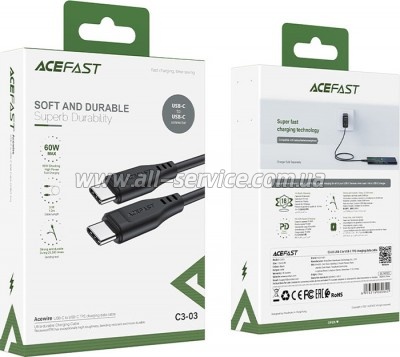 ���� ������ USB-C to USB-C 1.2m 3A TPE C3-03 Black Acefast (6974316280842)