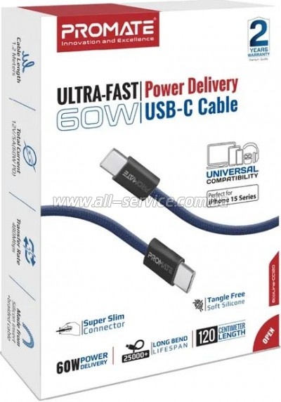 ���� ������ USB-C to USB-C 1.2m Promate (ecoline-cc120.navy)