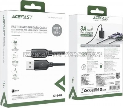 ���� ������ USB 2.0 AM to USB-C 1.2m 3A TPE black Acefast (6974316283812)