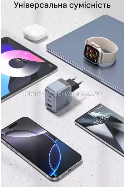 �������� ������� Vention 1xUSB-C PD70W + 1xUSB QC3.0 22.5W GaN + cable USB-C to USB-C 1.0m 5A gray (TZ-FCGH0-EU)