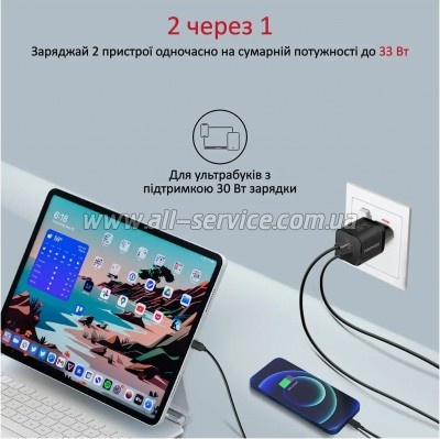 �������� ������� Promate 33W USB-C + USB-A (powerport-33.black)