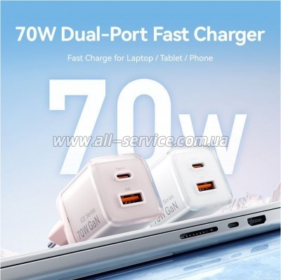 �������� ������� Vention 1xUSB-C PD70W + 1xUSB QC3.0 22.5W GaN transparent gray (FCGH0-EU)