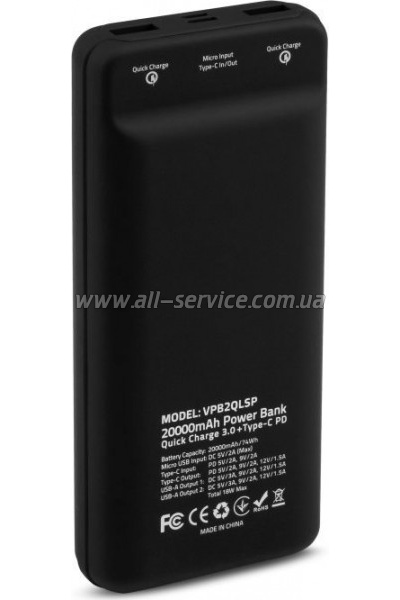   Vinga 20000 mAh QC3.0 Display soft touch black (VPB2QLSBK)