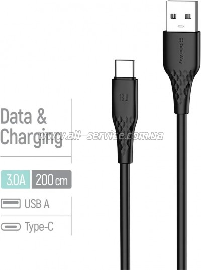 ���� ������ USB 2.0 AM to USB-C 2.0m 3A textured PVC black ColorWay (CW-CBUC095-BK)