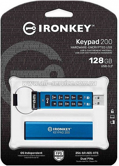  Kingston 128GB IronKey Keypad 200 AES-256 Encrypted Blue USB 3.2 (IKKP200/128GB)