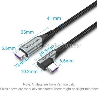 ���� ������ USB-C to USB-C 1.0m 5A 90� corner aluminum gray Vention (TAKHF)