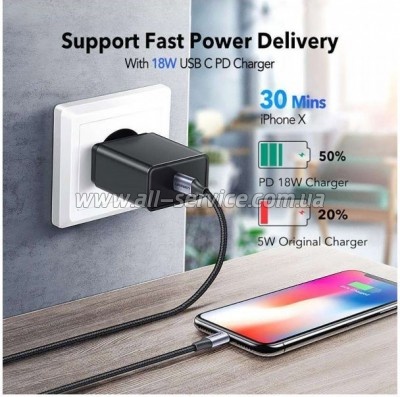 ���� ������ USB-C to Lightning 1.0m 3A 60W US304 black Ugreen (60759)