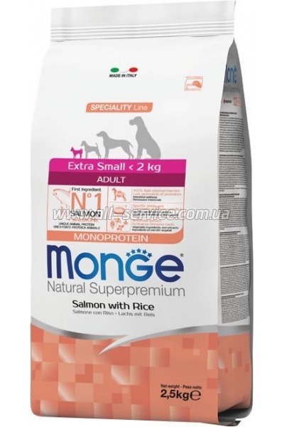 Сухой корм для собак Monge Extra Small Adult Salm/Rice со вкусом лосося 2.5кг (8009470011464) Сухой корм для собак Monge Extra Small Adult Salm/Rice со вкусом лосося 2.5кг (8009470011464)