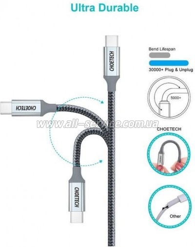 ���� ������ USB-C to USB-C 1.8m USB 2.0 100W Choetech (XCC-1002-GY)