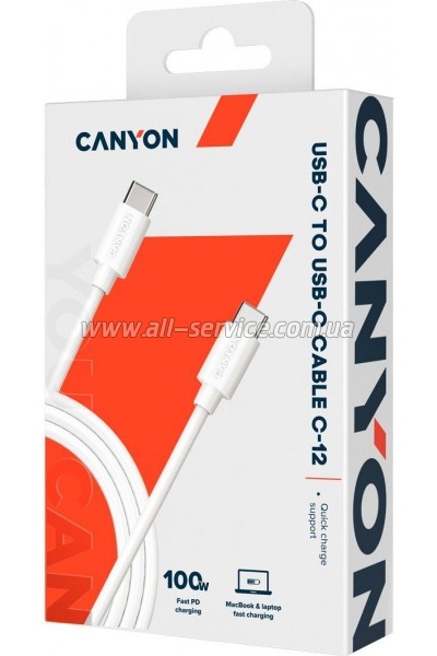 ���� ������ USB-C to USB-C 2.0m 100W 20V/ 5A white Canyon (CNS-USBC12W)