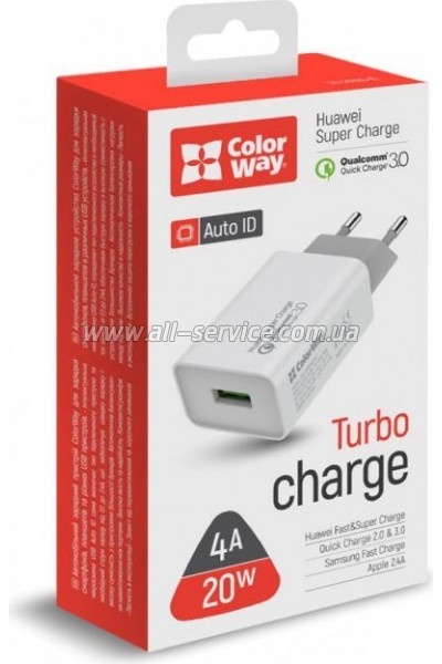   Colorway 1USB Huawei Super Charge/ Quick Charge 3.0. 4A 20W (CW-CHS014Q-WT)