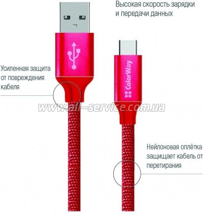 ���� ������ USB 2.0 AM to USB-C 1.0m 2.1� red ColorWay (CW-CBUC003-RD)