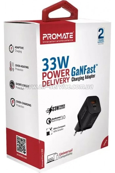 �������� ������� Promate 33W USB-C + USB-A (powerport-33.black)