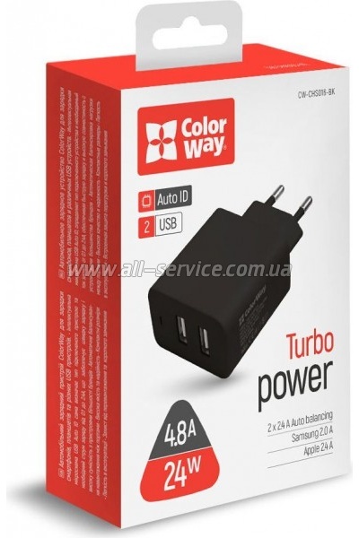 �������� ������� ColorWay 2USB AUTO_ID 4.8A 24W black (CW-CHS016-BK)