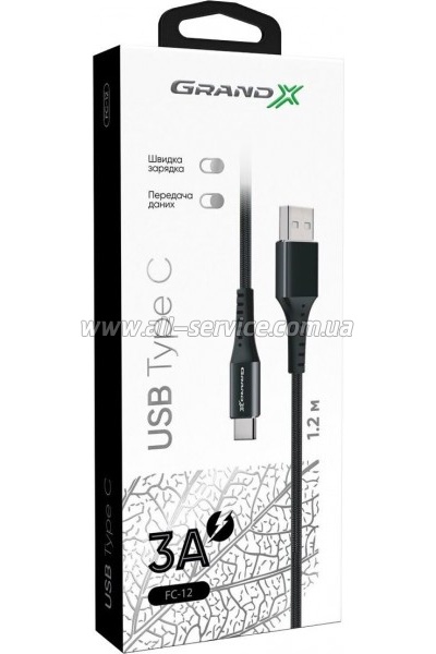 ���� ������ USB 2.0 AM to USB-C 1.2m Black Grand-X (FC-12B)