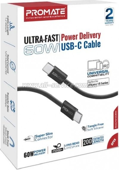 ���� ������ USB-C to USB-C 2.0m 60W PD EcoLine-CC200 black Promate (ecoline-cc200.black)