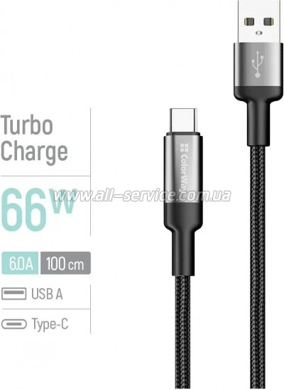 ���� ������ USB 2.0 AM to USB-C 1.0m 6A braided wire black ColorWay (CW-CBUC096-BK)