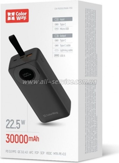   ColorWay 30000 mAh EnergyPlus PD, QC3.0 Black (CW-PB300LPB4BK-PDD)