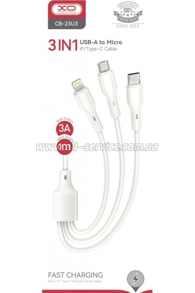 ���� ������ USB 2.0 AM to Lightning + Micro 5P + USB-C 1.0m 2.4A XO (CB-23U3)
