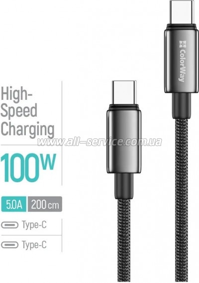 ���� ������ USB-C to USB-C 2.0m 5A 100W zinc alloy braided black ColorWay (CW-CBPDCC099-BK)